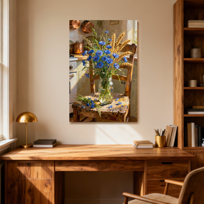 Plantes et fleurs Fleurs bleues dans un pot sur une chaise en bois, H 16 po x l 24 po