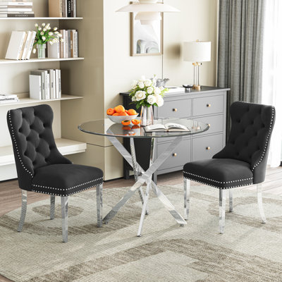 36" Round Glass Dining Set, Modern Velvet Upholstered Chairs with Cross Stainless Steel Base