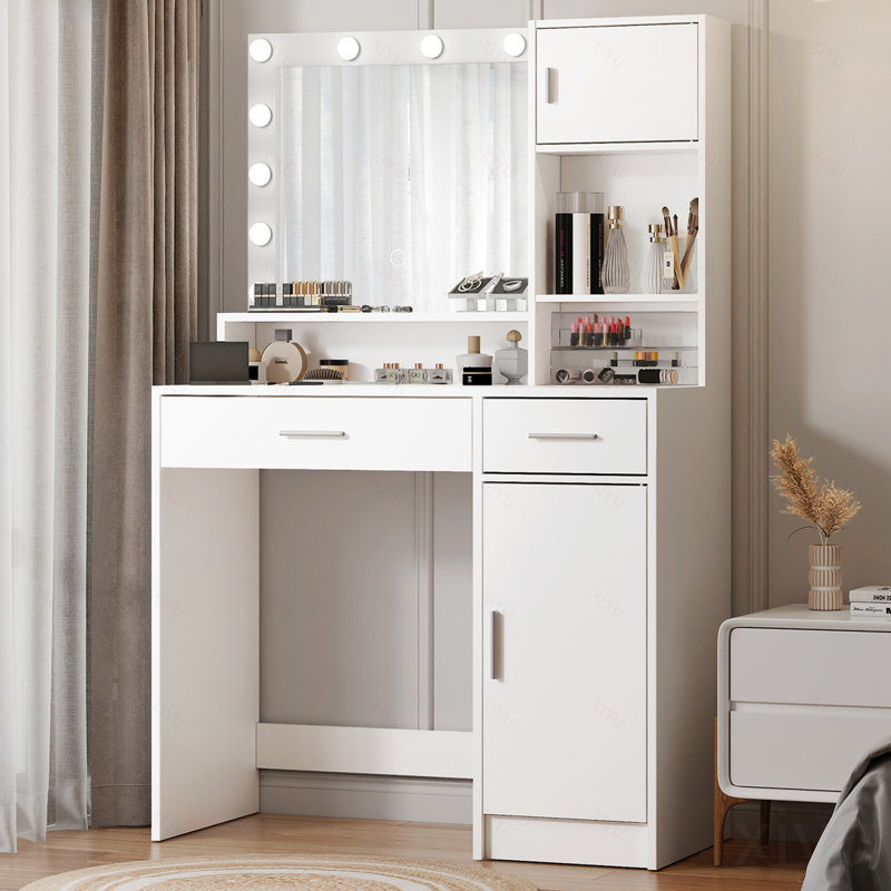 Bureau de coiffeuse avec miroir et lumière, coiffeuse avec grand tiroir, commode de rangement à 3 niveaux et 3 modes d'éclairage à luminosité réglable, convient à la chambre à coucher