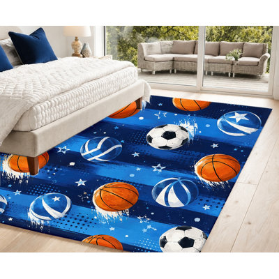 Tapis de sol lavable en machine à thème sportif avec envers antidérapant, motif basketball, soccer et tennis, décoration intérieure confortable pour chambre, salon, sous-sol, appartement
