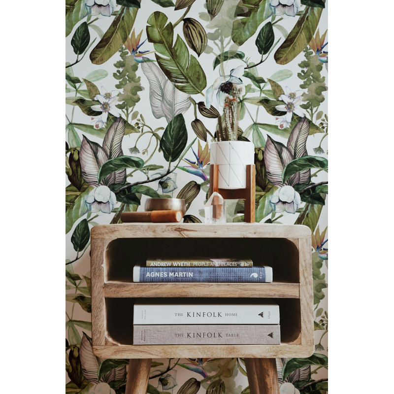 Papier peint floral feuille d'aquarelle tropicale blanc, L 75 po x l 112 po