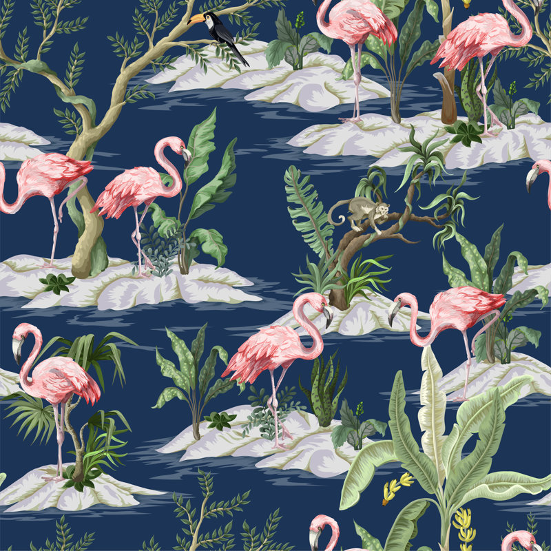 Liat flamant et arbres de la jungle, H 12 po x l 12 po