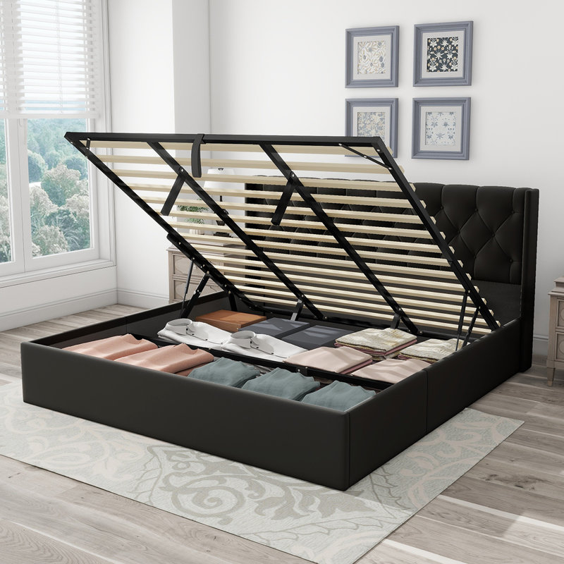 Raania Hydraulic Lift Up Storage  Upholstered Wingback Bed , Black, King