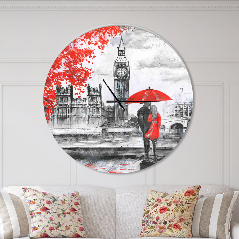 Couples Walking in London - Horloge murale moderne, Grand, Noir / Rouge