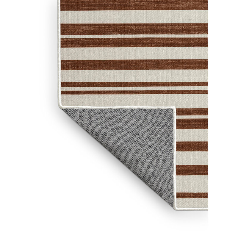 Tapis beige à rayures horizontales lavable à la machine, Rond 7 pi