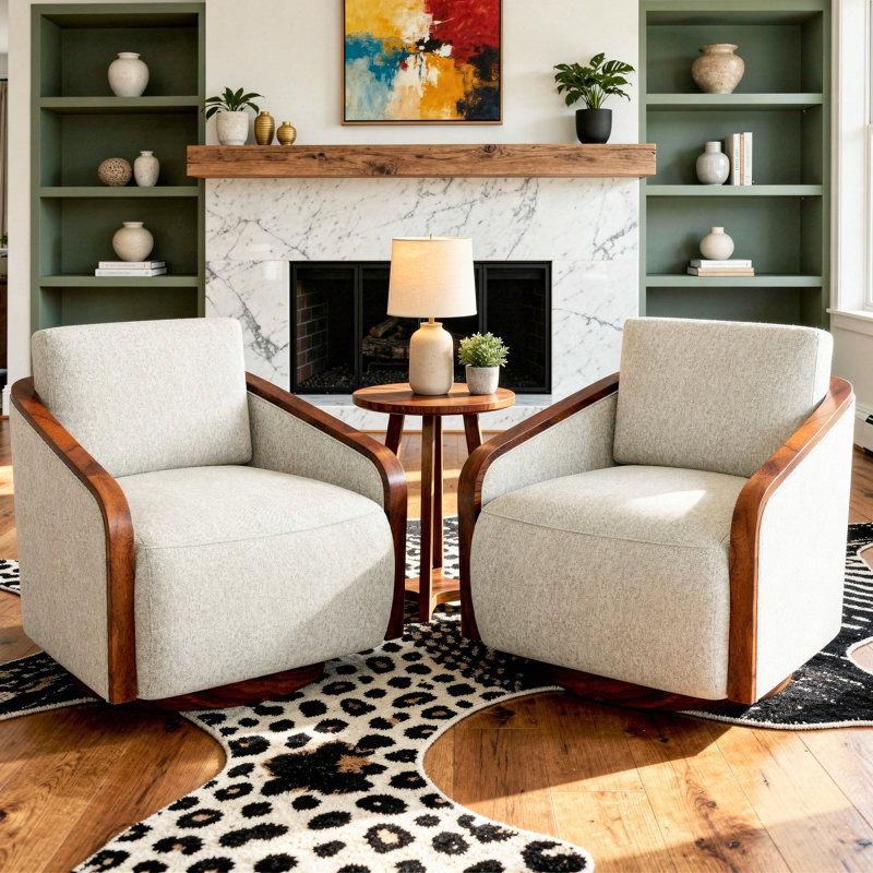 Upholstered Farmhouse Edging Swivel Barrel Chair With Toss Pillows, Beige Brown