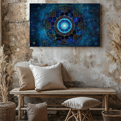 Canvas A Mystical Intricate Design Featuring A Central Glowing Blue Orb Wall Art Surrounded By Geometric Shapes And Symbols Set Canvas Wall Art