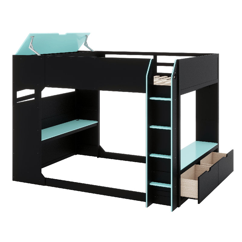 Lit mezzanine avec bureau à hauteur réglable, Bleu