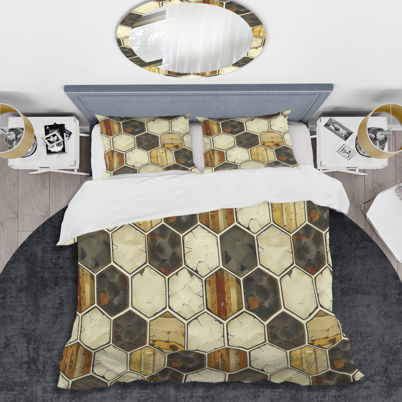 Carrelage hexagonal brun crème - Ensemble de housse de couette moderne, Housse de couette pour grand lit et 2 taies décor
