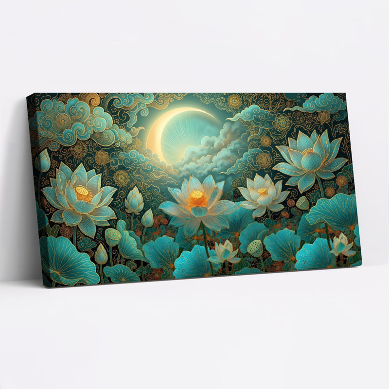 Ensemble de 1 tableau sur toile « Lotus au clair de lune », L 32 po x H 16 po, Toile tendue