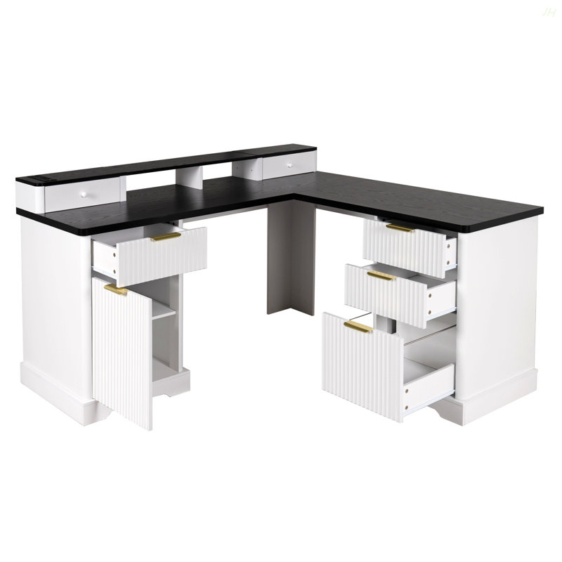 59" Modern Fluted L-Shaped Desk With Charging Station & Storage Cabinet - Home Office Computer Desk With Monitor Stand, File Drawer And Removable Support Shelf For Study, Home Office