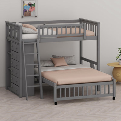 Bunk Bed with Drawers and Adjustable Shelving, Mobile Lower Bed on Wheels