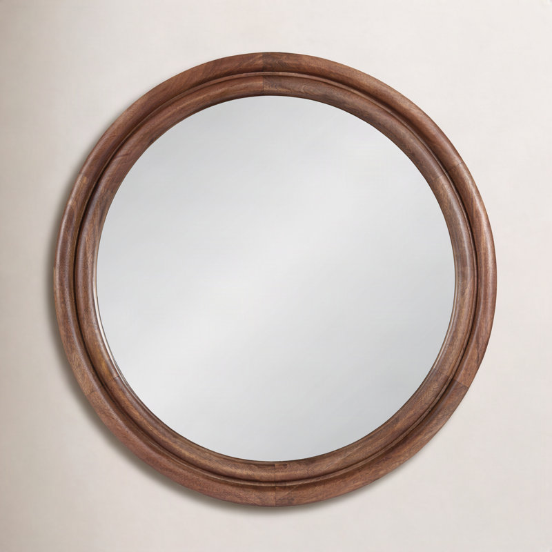 Larina Solid Wood Round Mirror, Brown