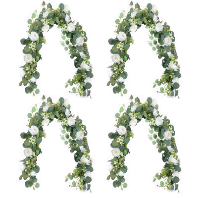 Paquet de 4 guirlandes de roses blanches et d'eucalyptus en soie artificielle de 6 pi pour décoration de table arche de mariage