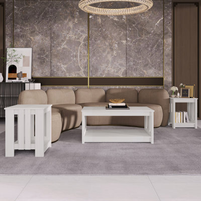 3-Piece Coffee and End Table Set with Farmhouse Paneling in Light Grey by 17 Stories