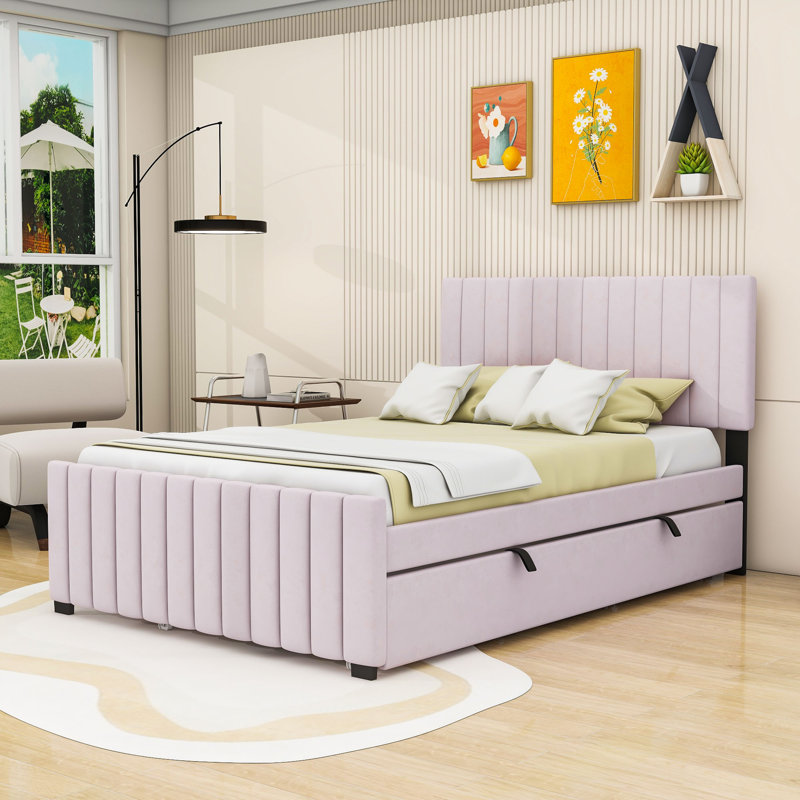 Lit plateforme double tapissier avec lit gigogne, Full, Rose