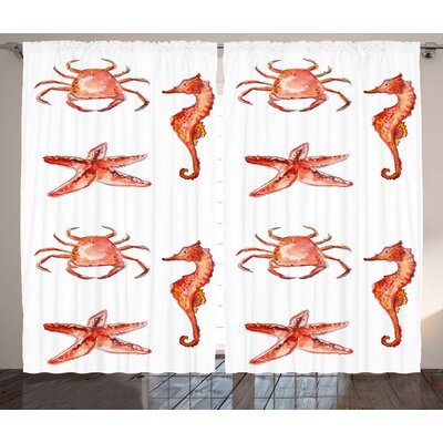 Nautical Crab Seahorse Starfish Hand Drawn Underwater Sea Creatures Ocean Image Graphic Print & Text Semi-Sheer Rod Pocket Curtain Panels -  Ambesonne, p_27408_108x84