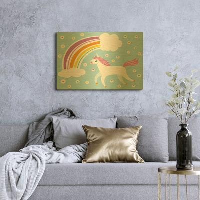 «Happy Unicorn» par Melissa Averinos, art mural en métal doré, 16 po x 12 po