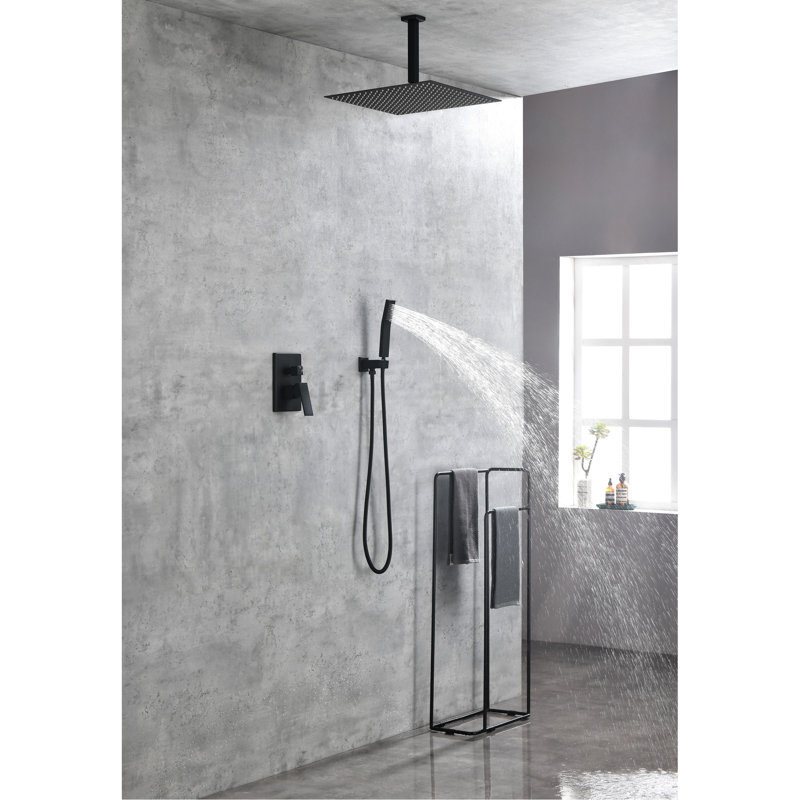 Ceiling Mounted Shower System - Matte Black. 16" Brass Head. Brings Natural Rainfall Satisfaction. Self-Cleaning Nozzle Prevents Water Outlet Clogging. Fits American Standard Pipe. 15.4" Wide, 6.19"