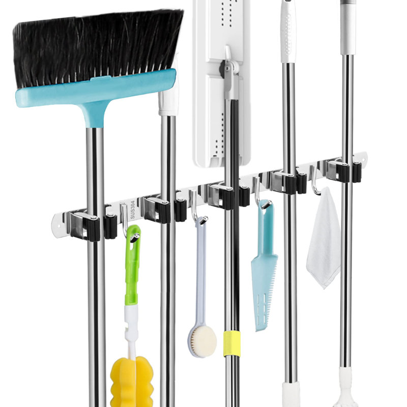 5 Holders+4 Hooks Broom Holder Wall Mounted with Nails Installation, Silver