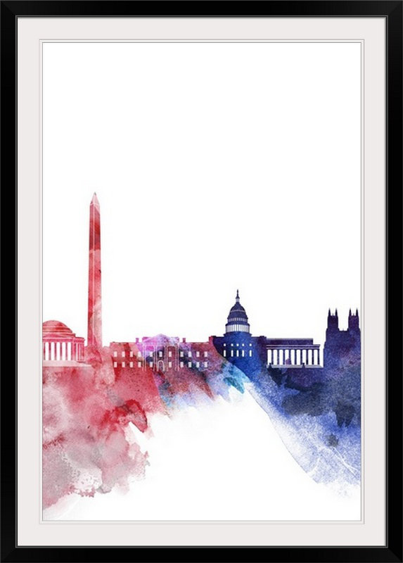 «Washington DC Watercolor Cityscape Red and Blue», reproduction d'art, H 44 po x l 32 po x P 1 po, Cadre noir