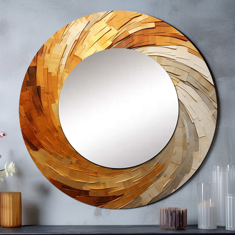 Gold Beige Spiral Poteries I - miroir décoratif à spirales abstraites, miroir mural rond beige, impression d'art