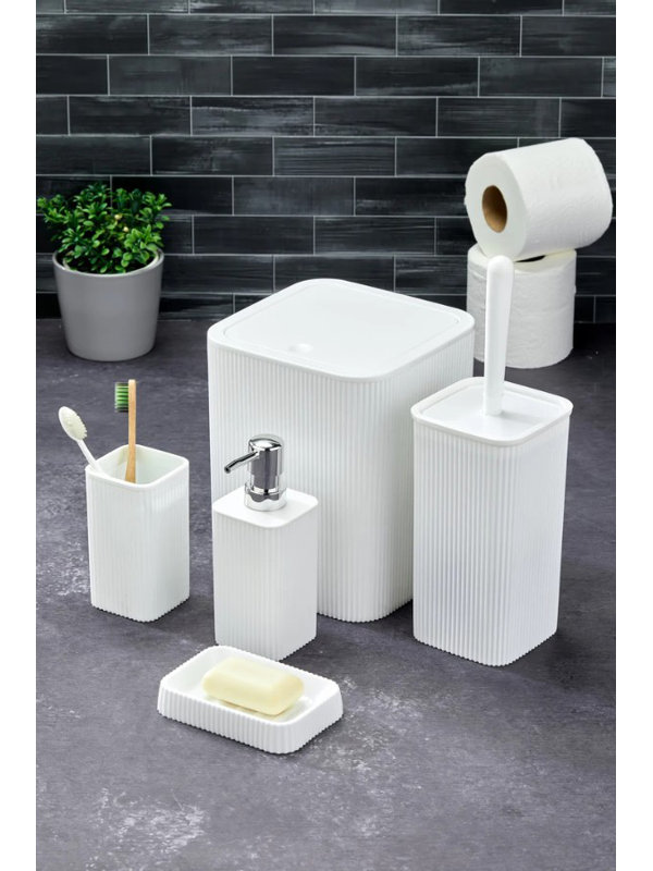 Ensemble de salle de bain 5 pièces, blanc, 100% plastique durable | Comprend 1 x 2,6 x 8,7 x 7,1 po, 1 x 12,2 x 4,1 po, 1 x 6,9 x 2,8 po, 1 x 4,9 x 2,8 po, 1 x 1,0 x 5,1 po | Va au lave-vaisselle, parfait pour organiser et moderniser votre salle de bain