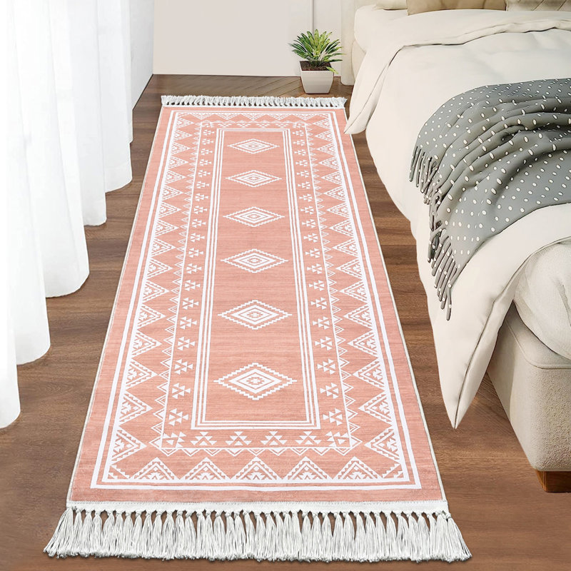 Tassel Area Rugs Washable Bordered Accent Carpet with Non-Slip Backing, Stain-Resistant Farmhouse Floor Cover, Soft Low Pile Indoor Mat for Bedroom, Living Room