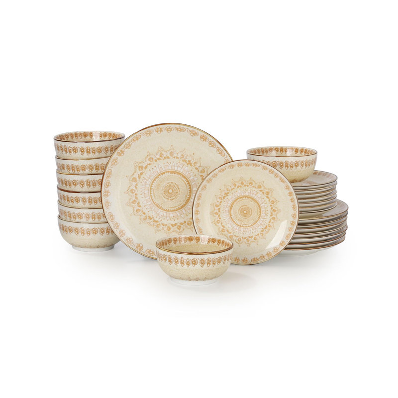 Ensemble d'assiettes et de bols en porcelaine pour la cuisine, résistant aux ébréchures et aux égratignures, ensemble de vaisselle facile à nettoyer, vaisselle compacte empilable, 24 pièces, ensembles pour 8 (bohème)