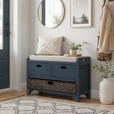 Storage Bench with Removable Basket & 2 Drawers, Fully Assembled Removable Cushion Shoe Bench for Entryway Hallway Bedroom Living Room