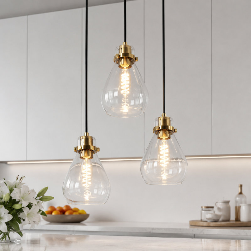 Luminaire suspendu en forme de cloche à 3 lumières noir et or avec abat-jour en verre