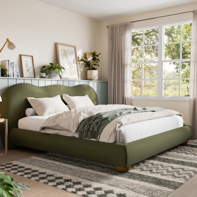 Olive Queen Bed, Boucle Upholstered, Transitional Bedroom Furniture, Supported By Wood Legs