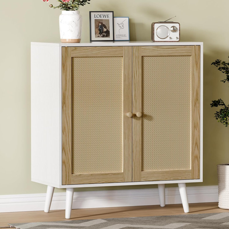 Armoire de rangement 2 portes en rotin, console de buffet en bois avec tablettes pour le rangement de la cuisine et du vestibule