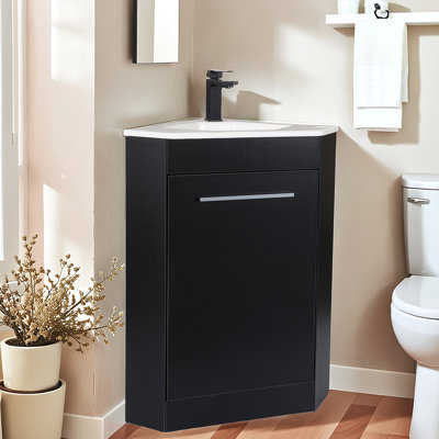18" Modern Matte Black Mini Corner Freestanding Bathroom Vanity with Integrated Ceramic Sink