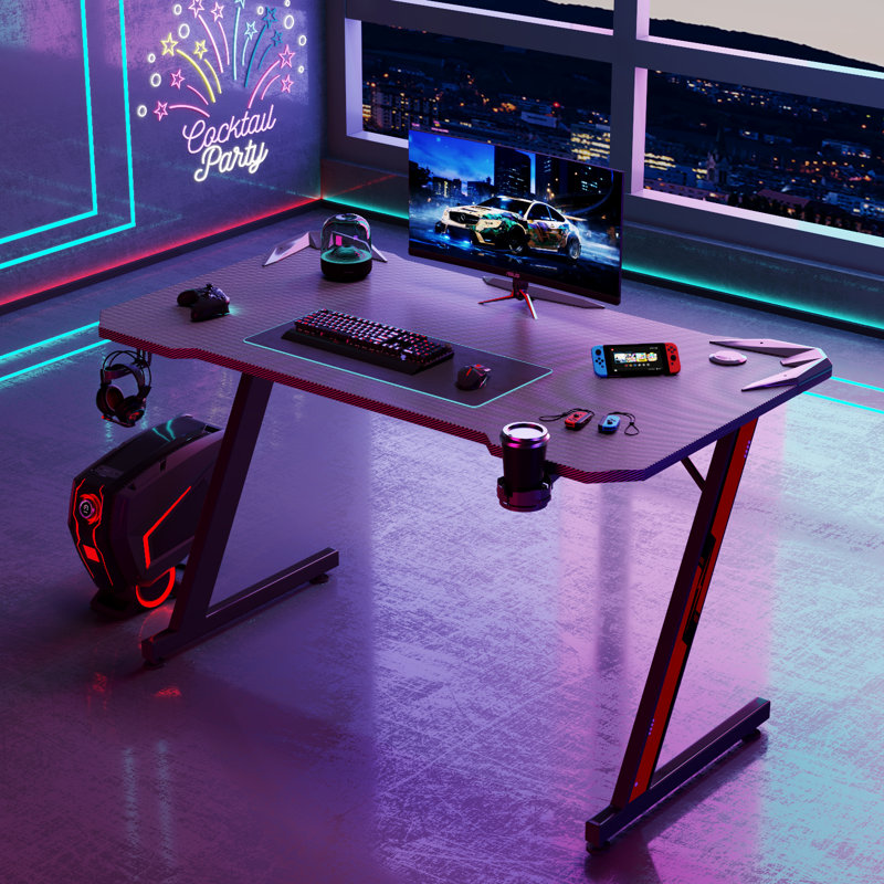 Heidrick Carbon Fiber Surface Z-Shaped Leg PC Gaming Desk with Headphone Hook and Cup Holder, Gray/Black