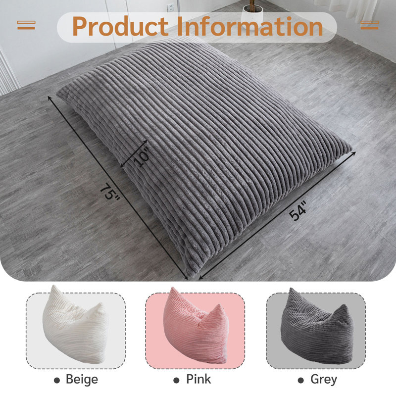 3 in 1 Convertible Square Bean Bag Bed, 11" H x 54" W x 75" D
