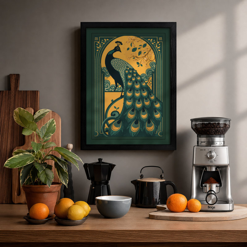 Peacock and Moon Art Deco - Framed Print, A2 - 59.4 x 42.0 cm, Black