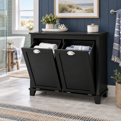 Armoire de rangement autoportante pour buanderie, salles de bain, buanderies et garde-robes, avec double compartiment avant inclinable et portes à panneaux.