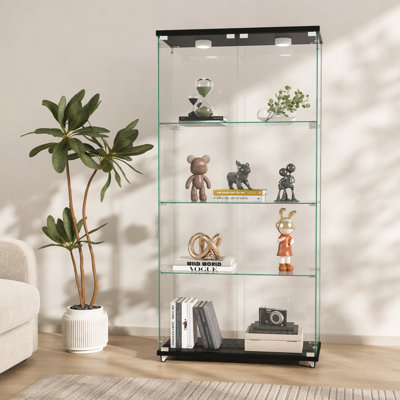 Modern Glass Display Cabinet with LED lights, Quick-assembly Antique Cabinet, Tempered Glass Bookshelf