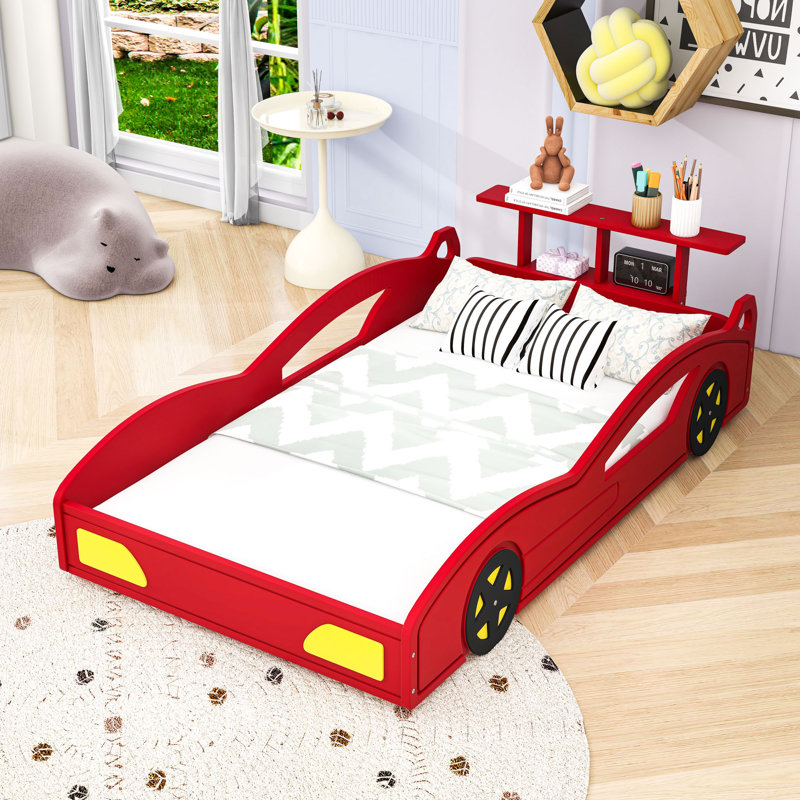 Lit plateforme simple en forme de voiture avec lattes, Rouge jaune