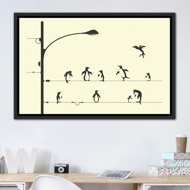 «Penguins on a Wire», art encadré, H 40 po x l 60 po x P 1,5 po, Toile avec cadre noir patiné