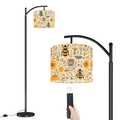 Arc Floor Lamp with Adjustable Lampshade Bees Mushrooms Mustard Yellow Gray Standing Lamp 3 Color Temperatures Dimmable Tall Pole Lamp with Foot Switch for Bedroom