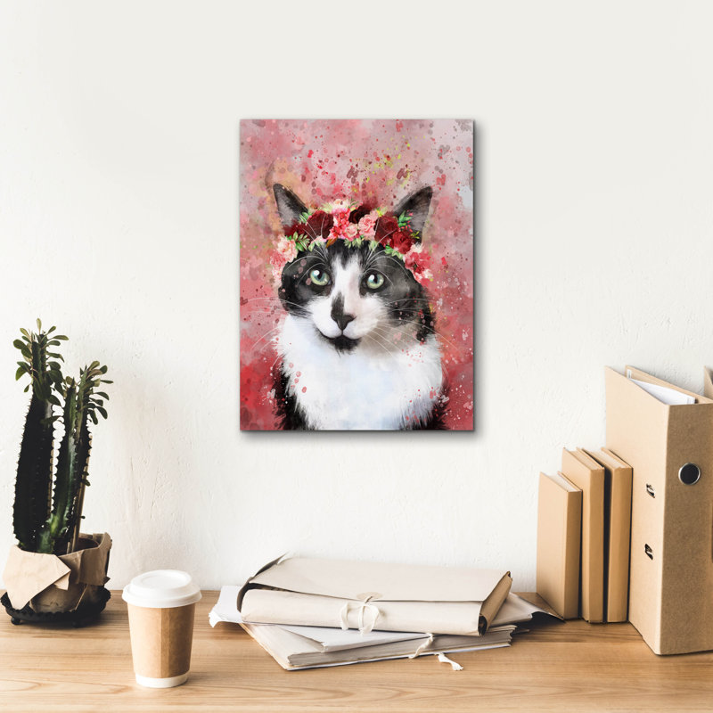 «Flower Crown Tuxedo Cat» par Furbaby Affiliates, art mural sur toile, H 16 po x l 12 po x P 0,75 po
