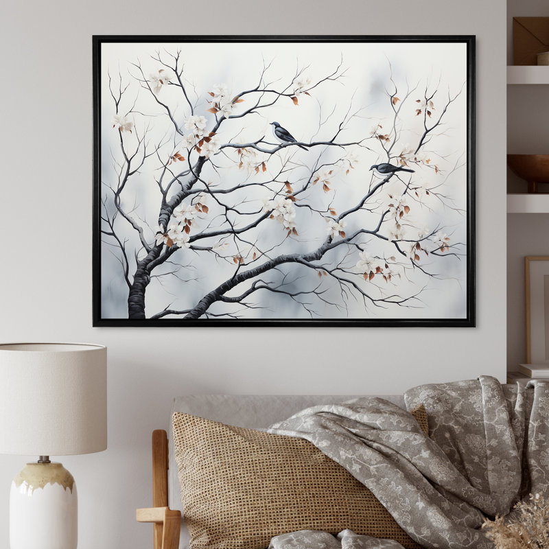 Gris floral Sprintime, oiseaux, art mural, Cadre flottant noir, H 16 po x l 32 po x P 1 po