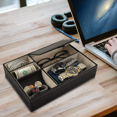 Boîte à bijoux pour homme, organisateur de table de chevet avec 5 compartiments, plateau pour porte-clés en similicuir, rangement de chevet pour montre, noir