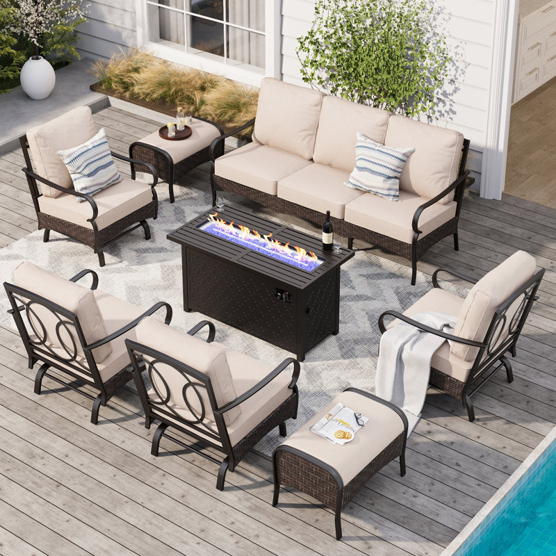 9-Person Outdoor Conversation Set With Fire Pit Table & Rocking Lounge Chairs