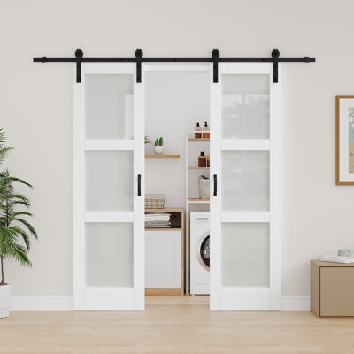  Double 84''H Frosted Glass Sliding Barn Door MDF Solid Wood Interior Closet Doors with Installation Hardware Kit