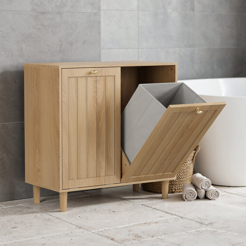 Armoire à linge inclinée avec deux bacs amovibles, en MDF et chêne autoportante.