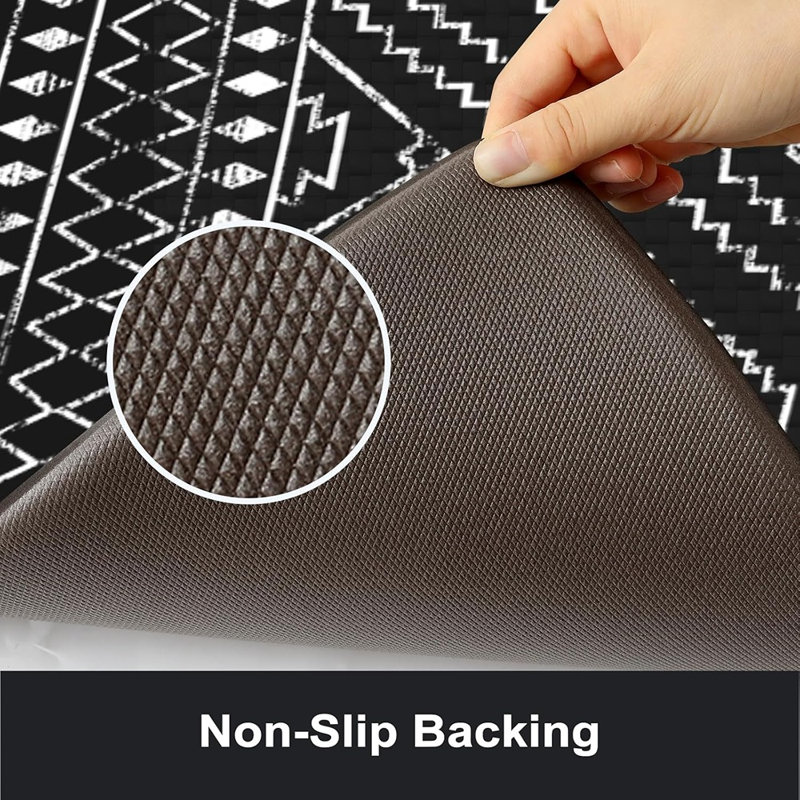 Tapis de cuisine - noir - paquet de 2, anti-fatigue, antidérapant, rembourré, mousse à mémoire de forme géométrique marocaine, tapis de sol et sur pied pour cuisine, évier, buanderie, bureau