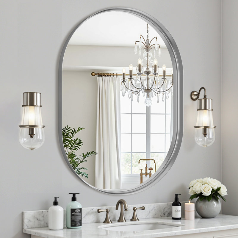 Black Oval Mirror for Bathroom Vanity 22x30 Inch, Matte Black Bathroom Mirrors for Wall Metal Frame, Silver, 22"x30"